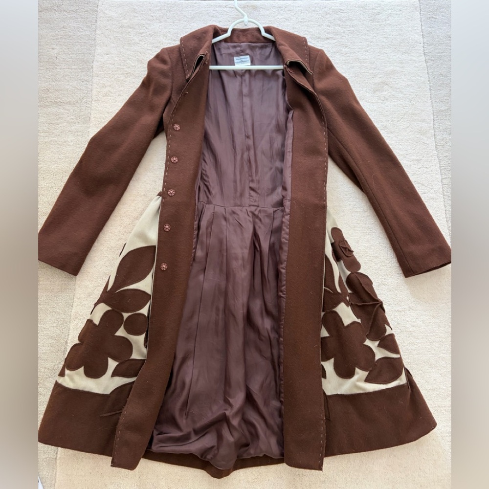 Philosophy di Alberta Ferretti Brown & Cream Floral Appliqué Wool Coat, Small - Picture 4 of 6